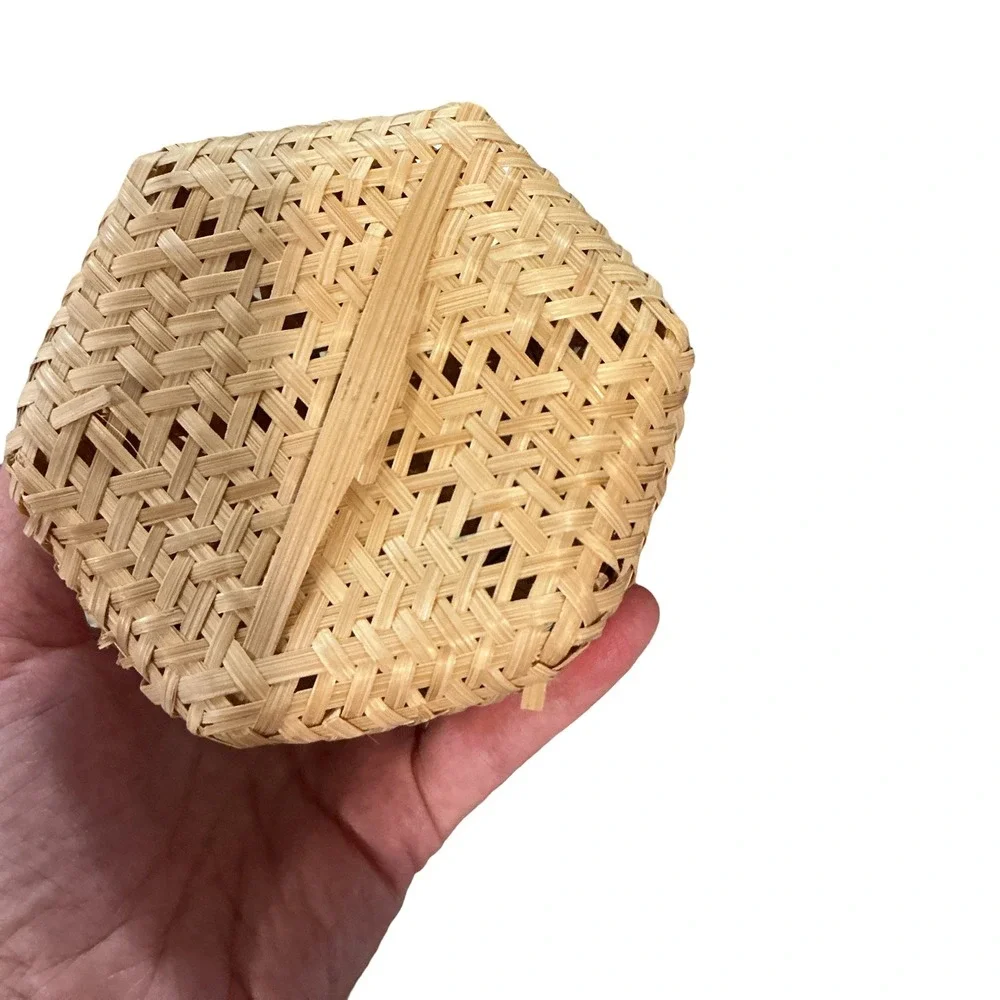 Vintage Woven Bamboo Hexagonal Basket with Lid and Handle Small 6x4x4 Natural